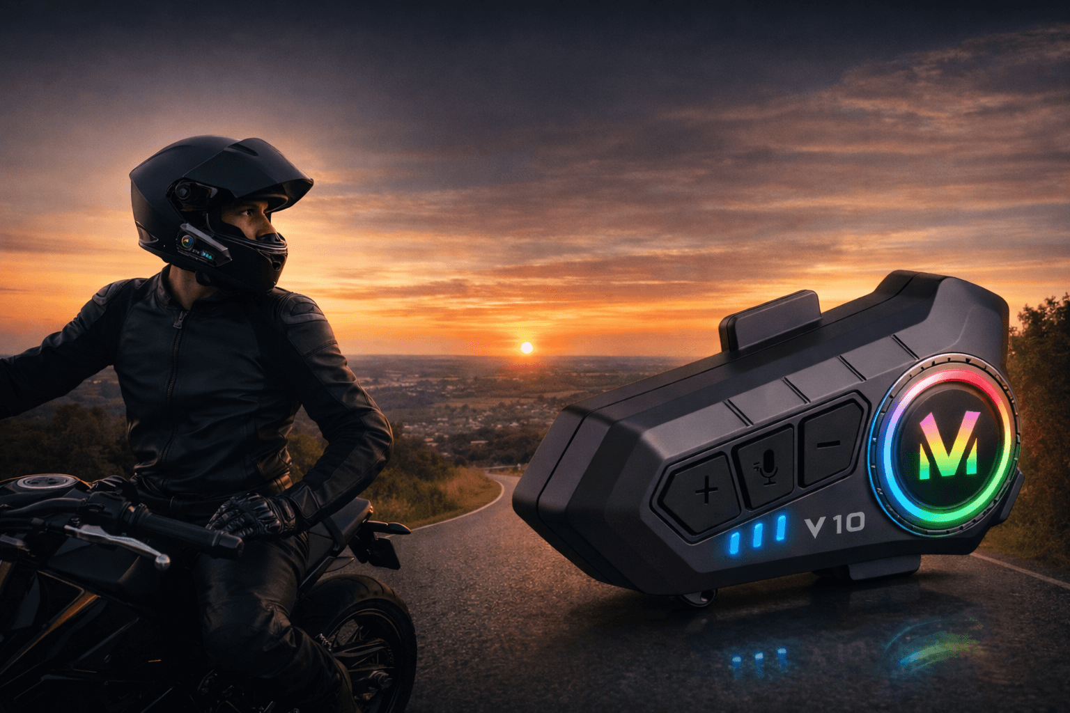 Motociclista usando comunicador Mivaro